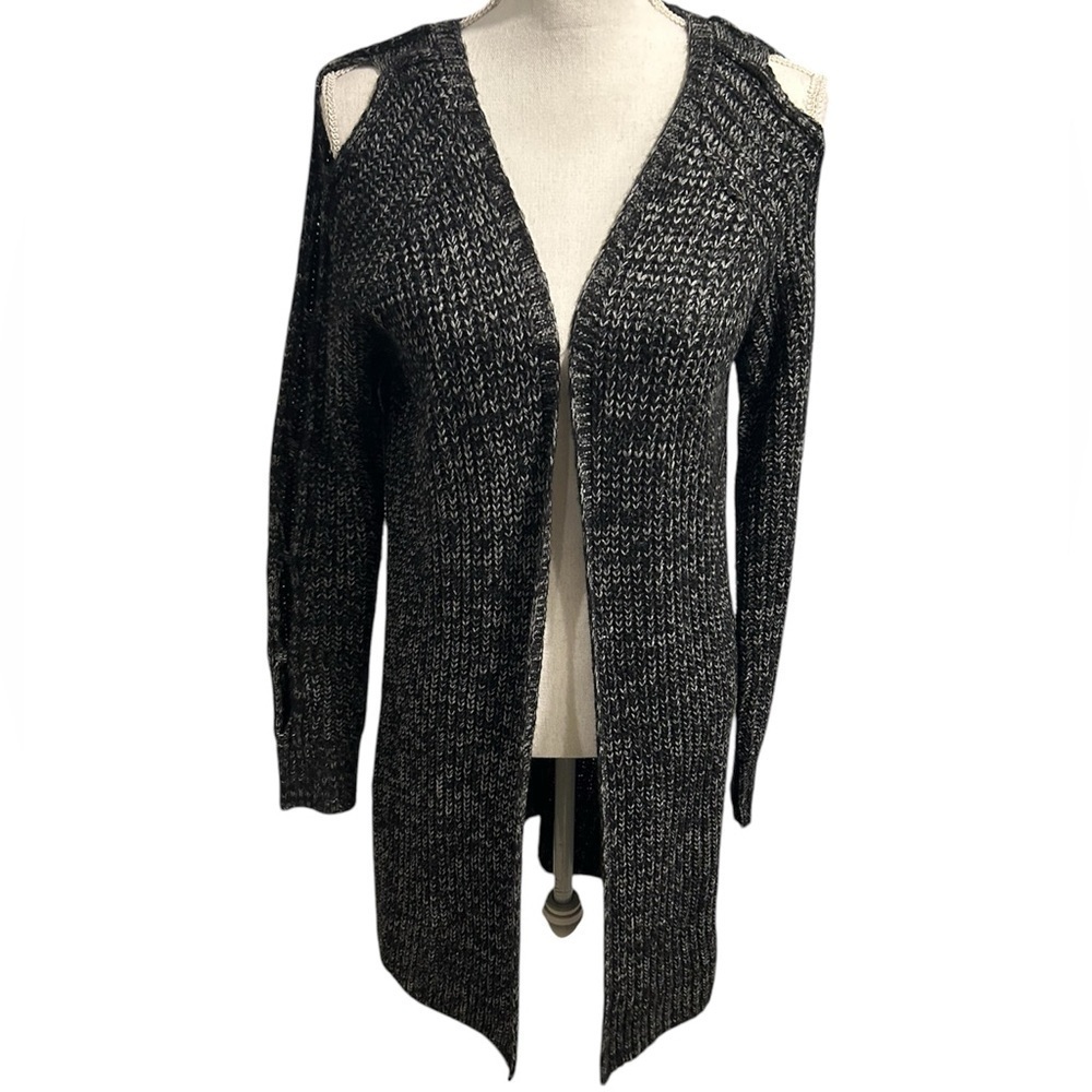 {Ohmg} Open Front Long Knit Cutout Sleeves